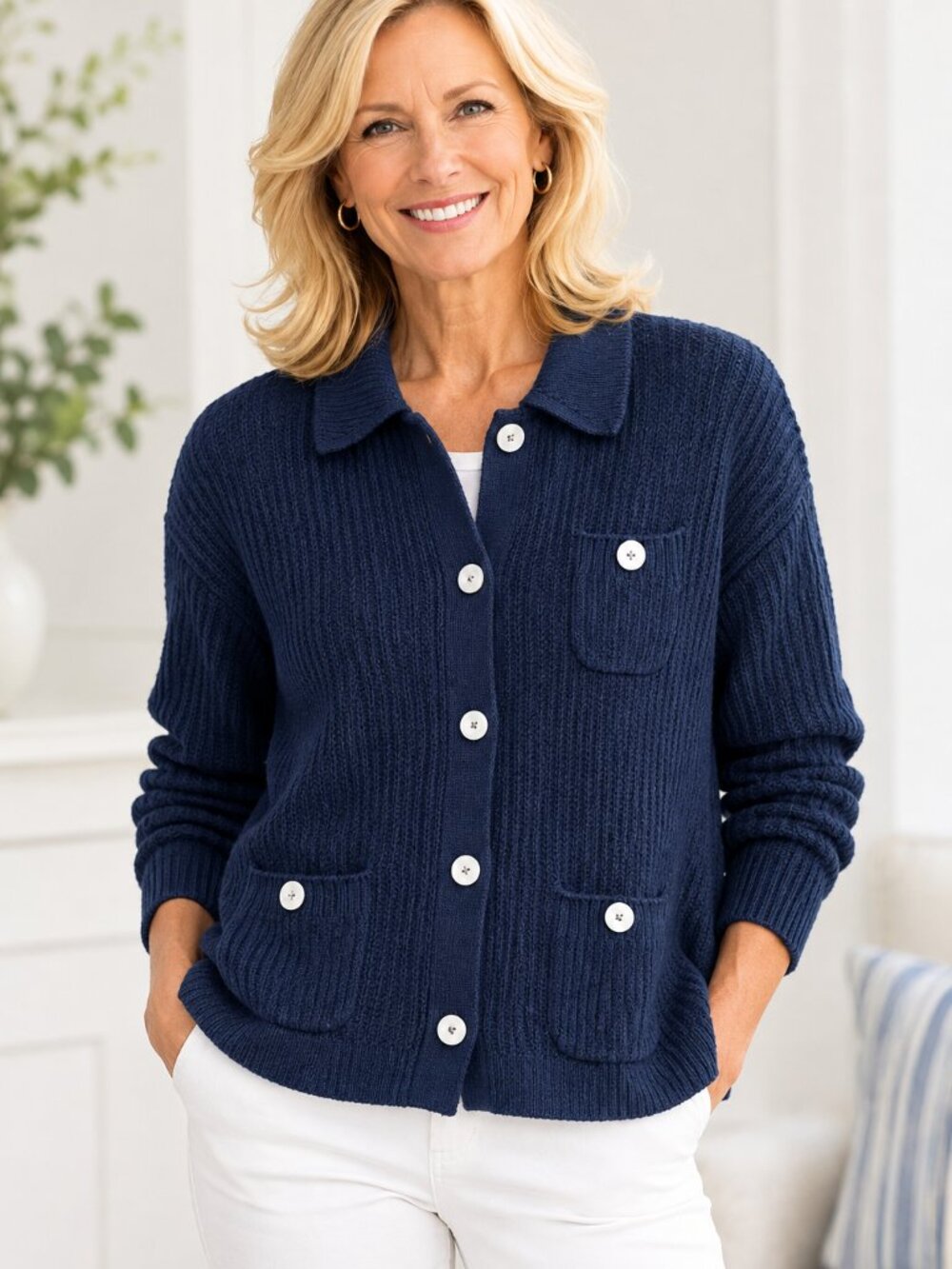 J.Jill Fisherman Knit Cardigan, White Buttons, Navy, Size XS Petite